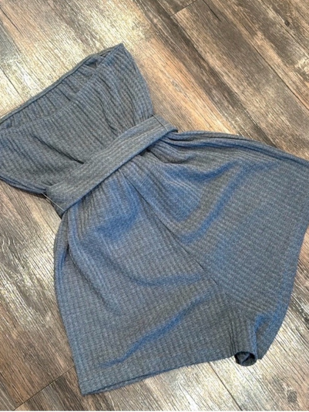 Strapless Gray Waffle Knit Romper | Tie Waist | Casual Summer S - Picture 3 of 4